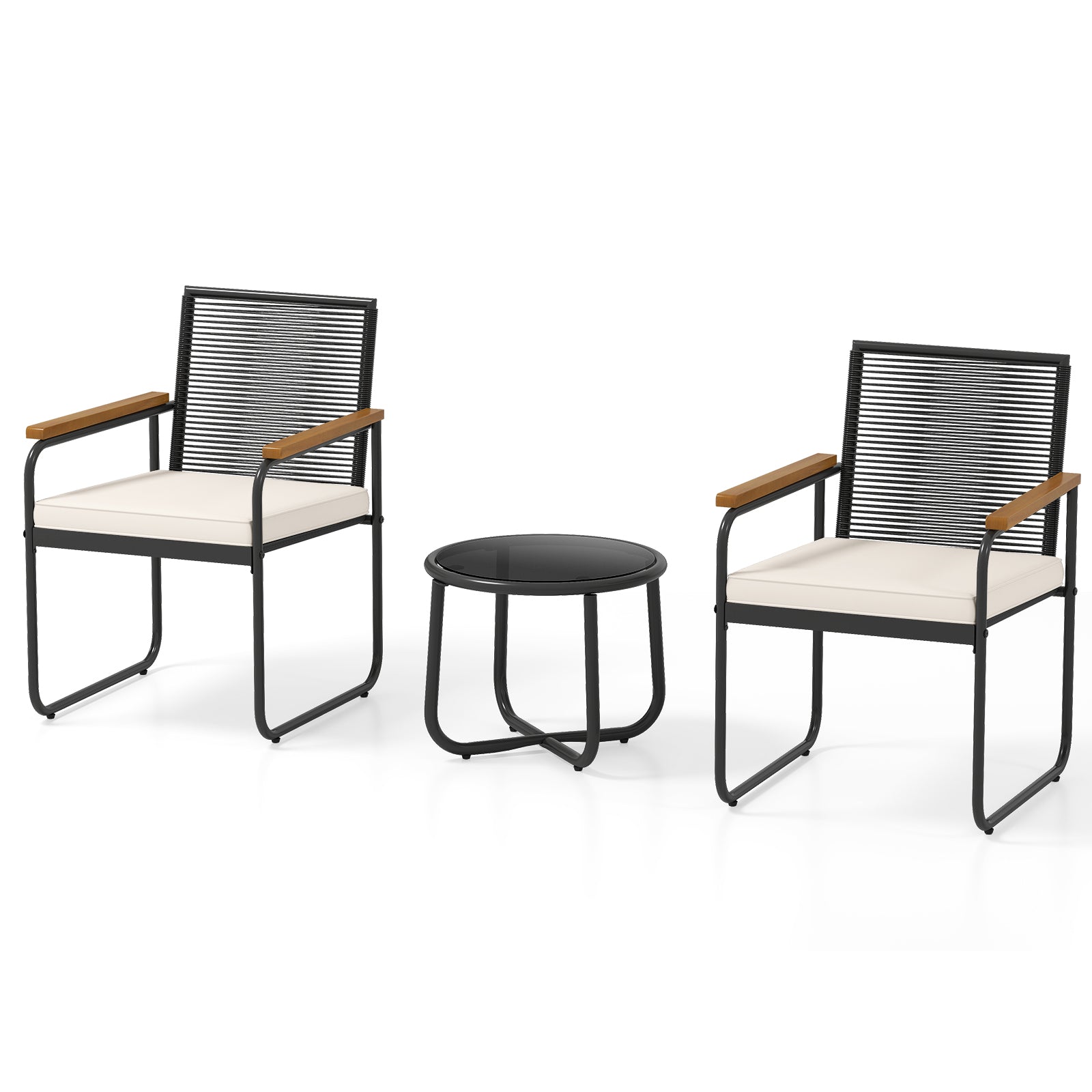 3 Pieces Patio Furniture Set PE Rattan Porch Chairs with Round Tempered Glass Top Table, White Patio Conversation Sets at Gallery Canada