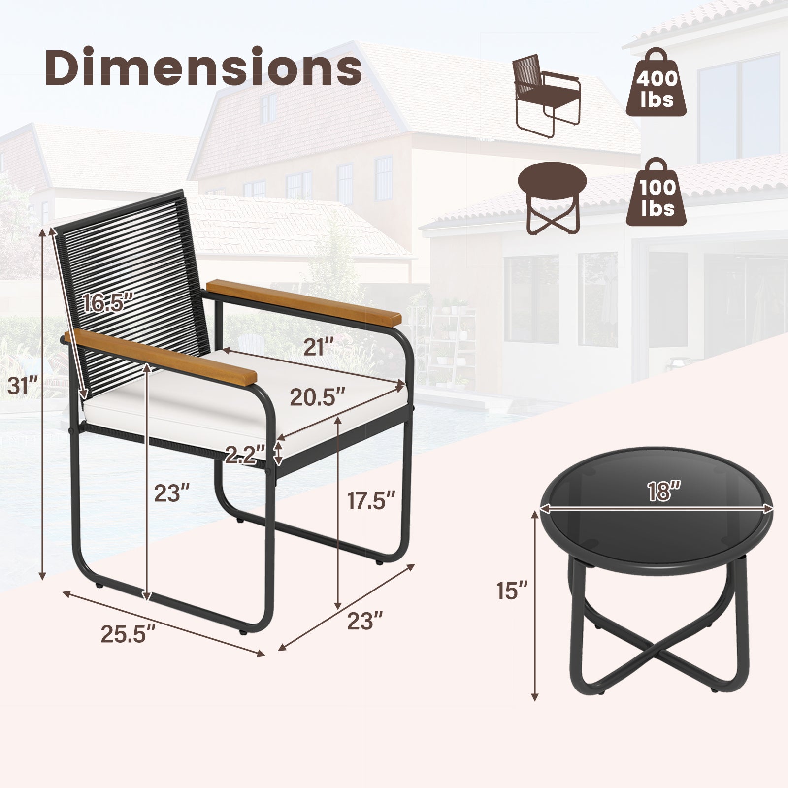 3 Pieces Patio Furniture Set PE Rattan Porch Chairs with Round Tempered Glass Top Table, White Patio Conversation Sets at Gallery Canada