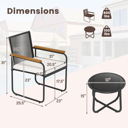 3 Pieces Patio Furniture Set PE Rattan Porch Chairs with Round Tempered Glass Top Table, White Patio Conversation Sets at Gallery Canada