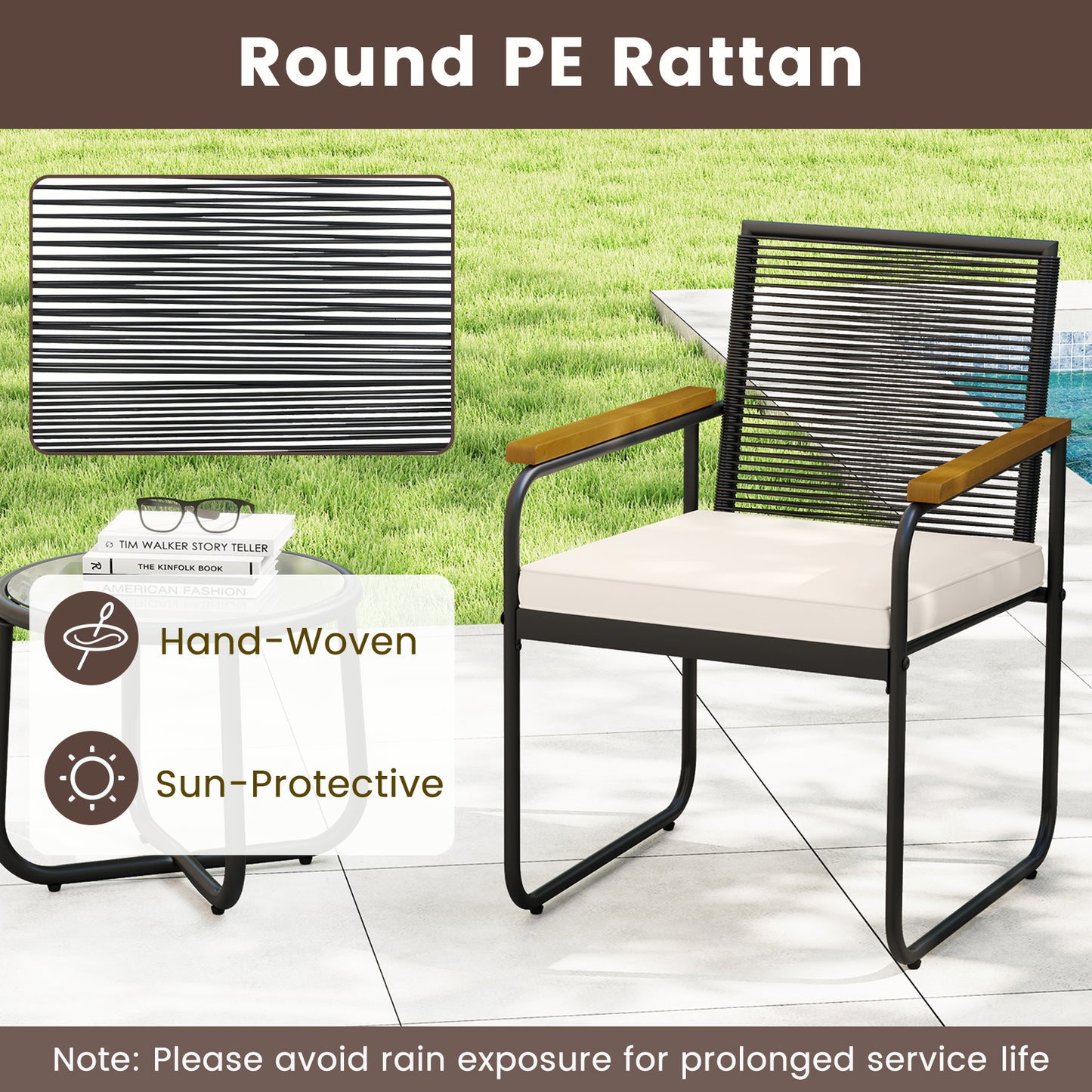 3 Pieces Patio Furniture Set PE Rattan Porch Chairs with Round Tempered Glass Top Table, White Patio Conversation Sets at Gallery Canada