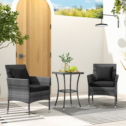 3 Piece Patio Furniture Set, Cushioned Chairs, Tempered Glass Table, Black