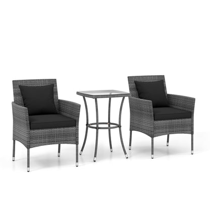 3 Piece Patio Furniture Set, Cushioned Chairs, Tempered Glass Table, Black