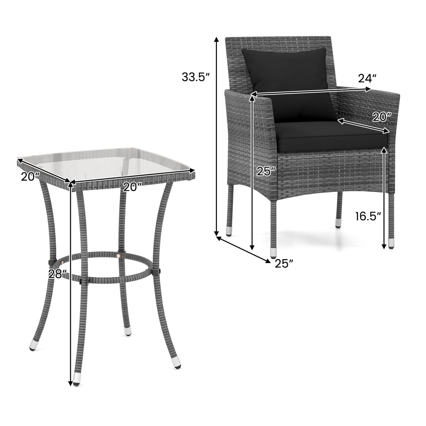3 Piece Patio Furniture Set, Cushioned Chairs, Tempered Glass Table, Black