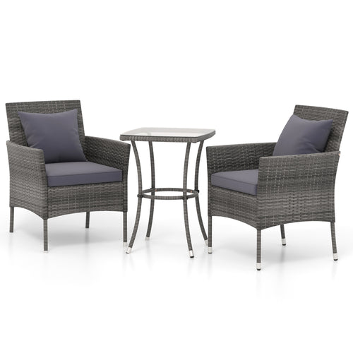 3 Piece Patio Furniture Set, Cushioned Chairs, Tempered Glass Table, Gray