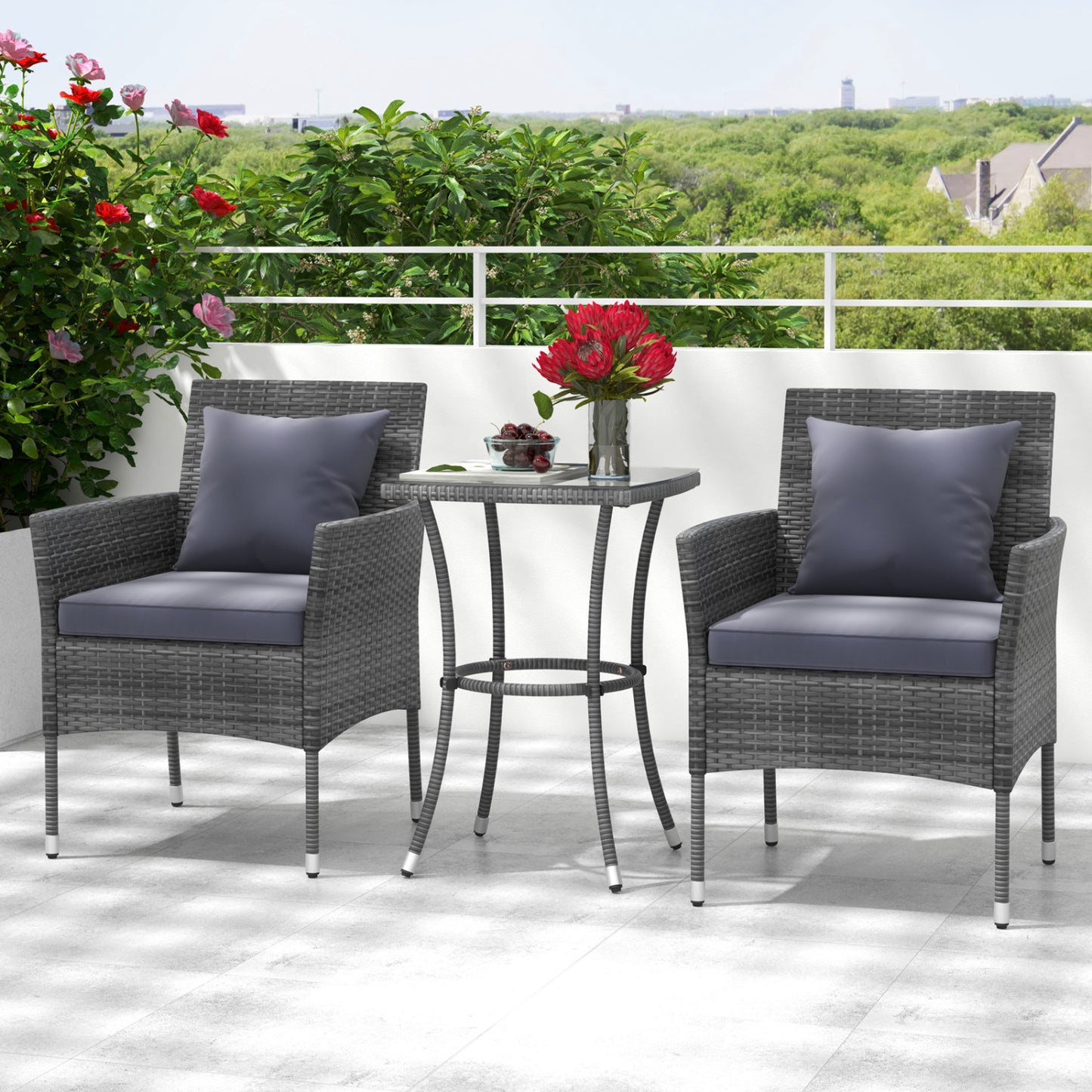 3 Piece Patio Furniture Set, Cushioned Chairs, Tempered Glass Table, Gray Patio Conversation Sets at Gallery Canada