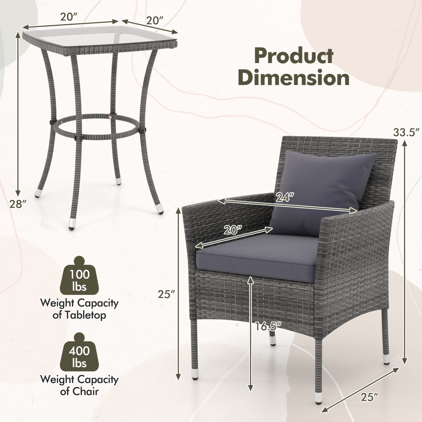 3 Piece Patio Furniture Set, Cushioned Chairs, Tempered Glass Table, Gray Patio Conversation Sets at Gallery Canada