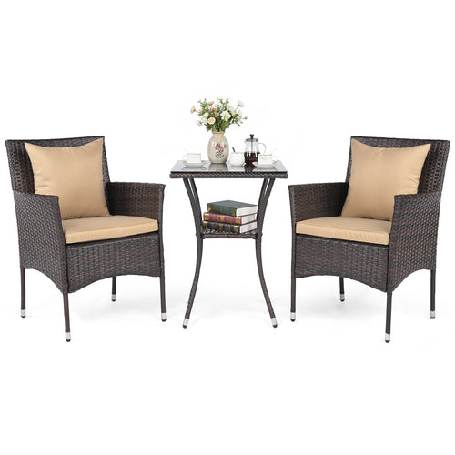 3 Piece Patio Set with Cushioned Chairs & Glass Coffee Table, Brown