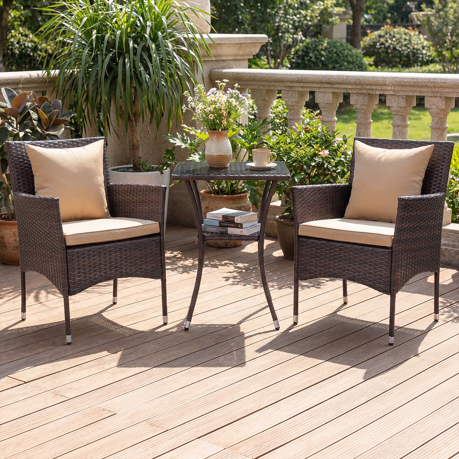 3 Piece Patio Set with Cushioned Chairs & Glass Coffee Table, Brown Patio Conversation Sets at Gallery Canada