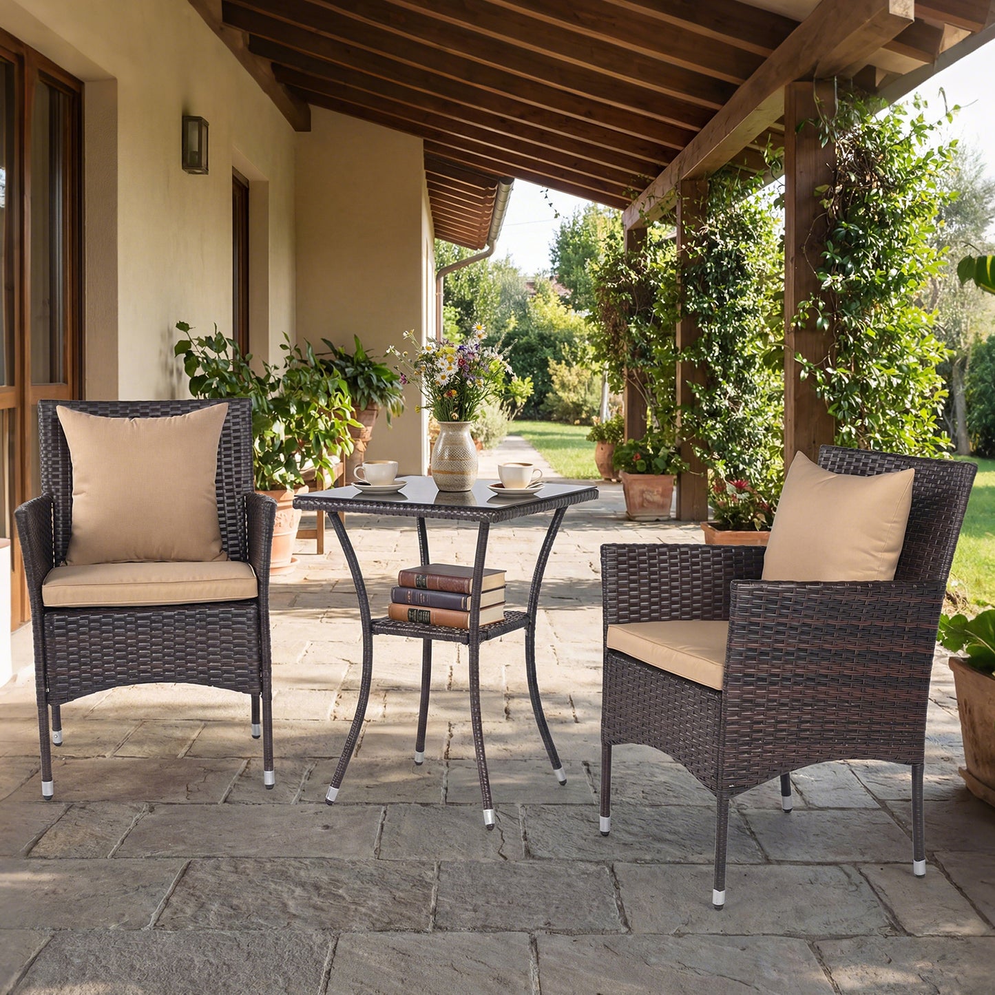3 Piece Patio Set with Cushioned Chairs & Glass Coffee Table, Brown Patio Conversation Sets at Gallery Canada