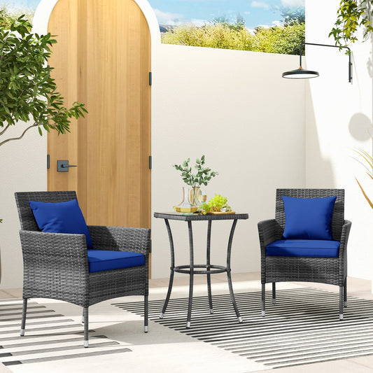 3 Piece Patio Furniture Set, Cushioned Chairs, Tempered Glass Table, Navy Patio Conversation Sets Navy at Gallery Canada