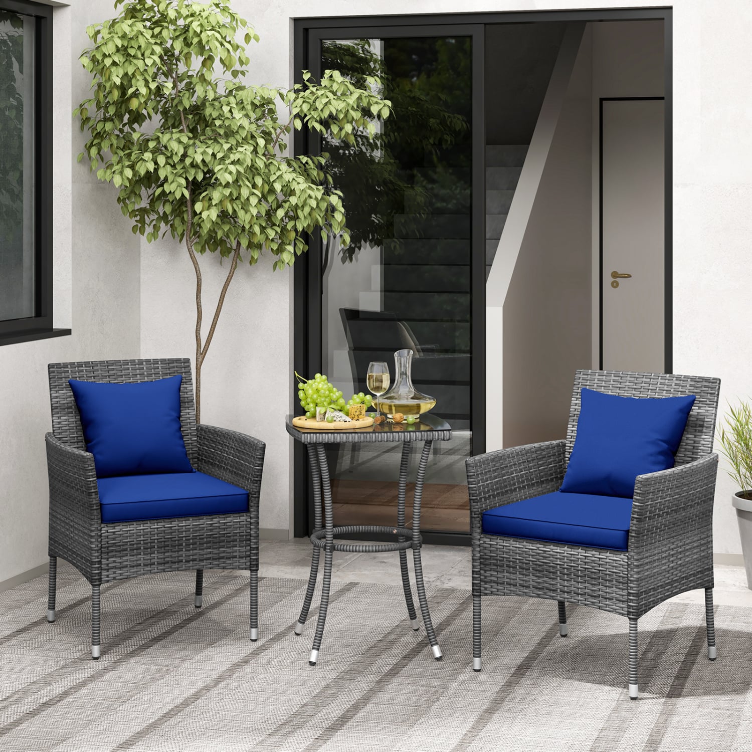 3 Piece Patio Furniture Set, Cushioned Chairs, Tempered Glass Table, Navy Patio Conversation Sets at Gallery Canada