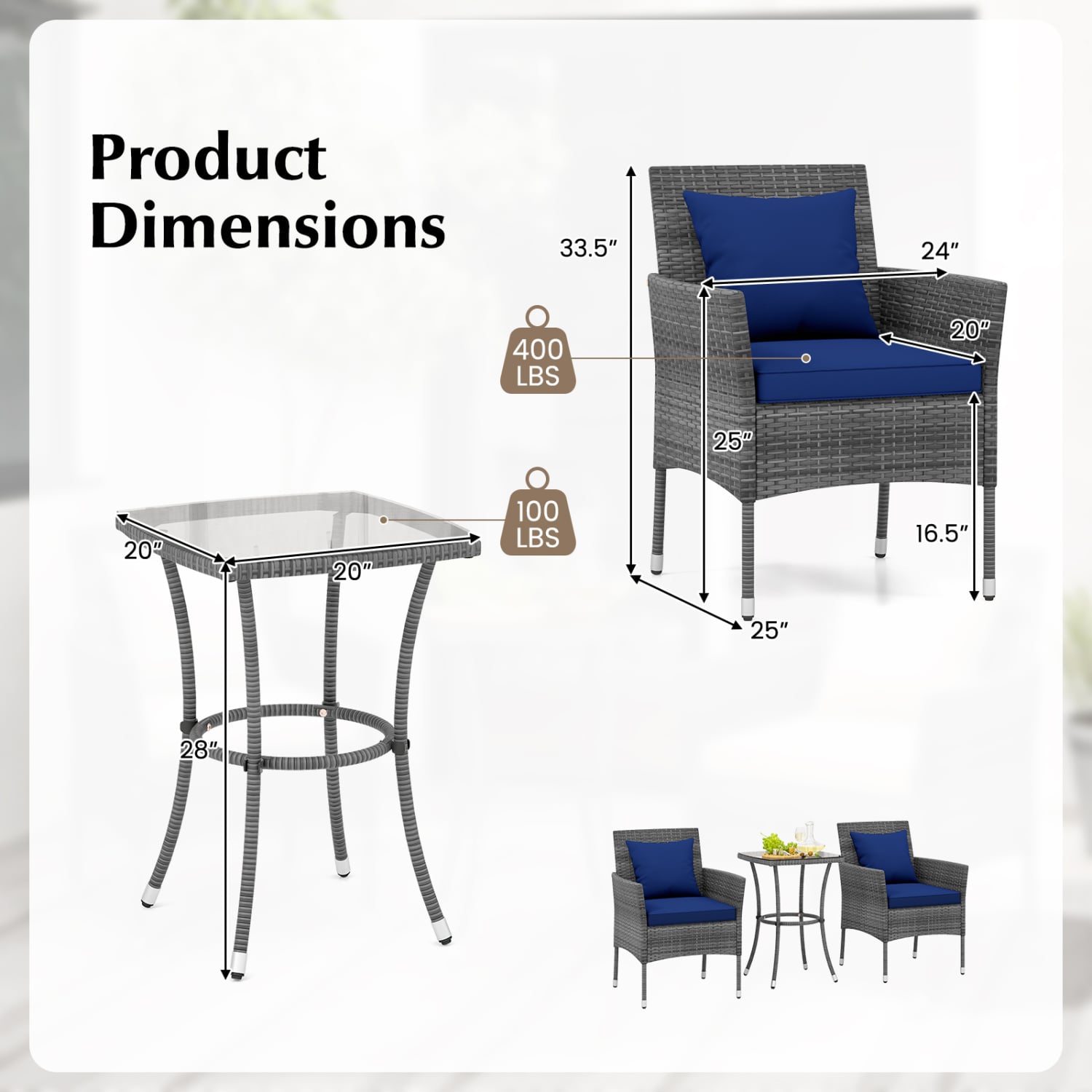3 Piece Patio Furniture Set, Cushioned Chairs, Tempered Glass Table, Navy Patio Conversation Sets at Gallery Canada