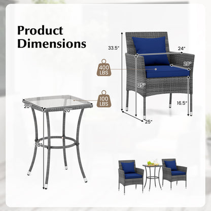 3 Piece Patio Furniture Set, Cushioned Chairs, Tempered Glass Table, Navy Patio Conversation Sets at Gallery Canada