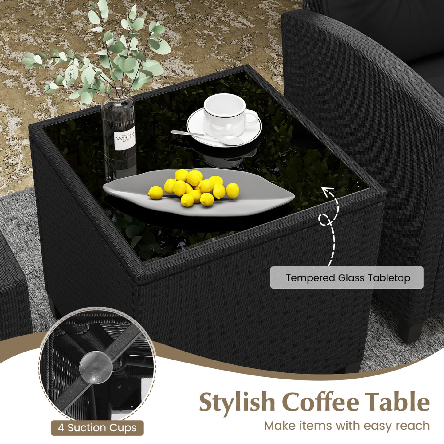 Ensemble de patio 3 pièces, table basse en verre trempé, noir