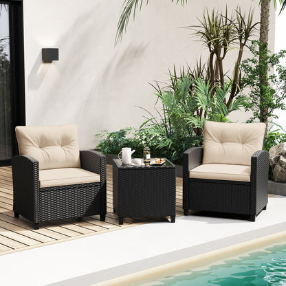 Ensemble de mobilier de patio 3 pièces, table basse en verre trempé, blanc cassé