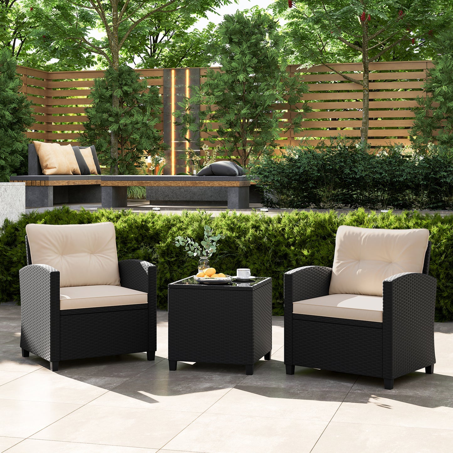 Ensemble de mobilier de patio 3 pièces, table basse en verre trempé, blanc cassé