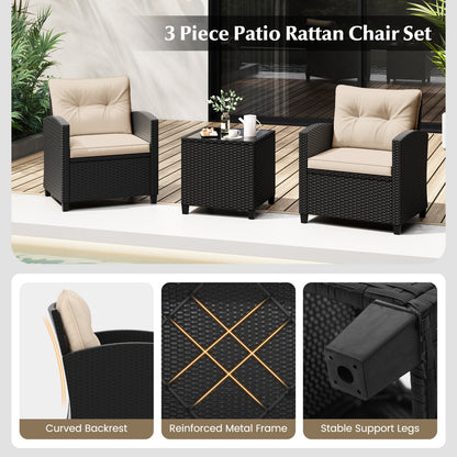 Ensemble de mobilier de patio 3 pièces, table basse en verre trempé, blanc cassé