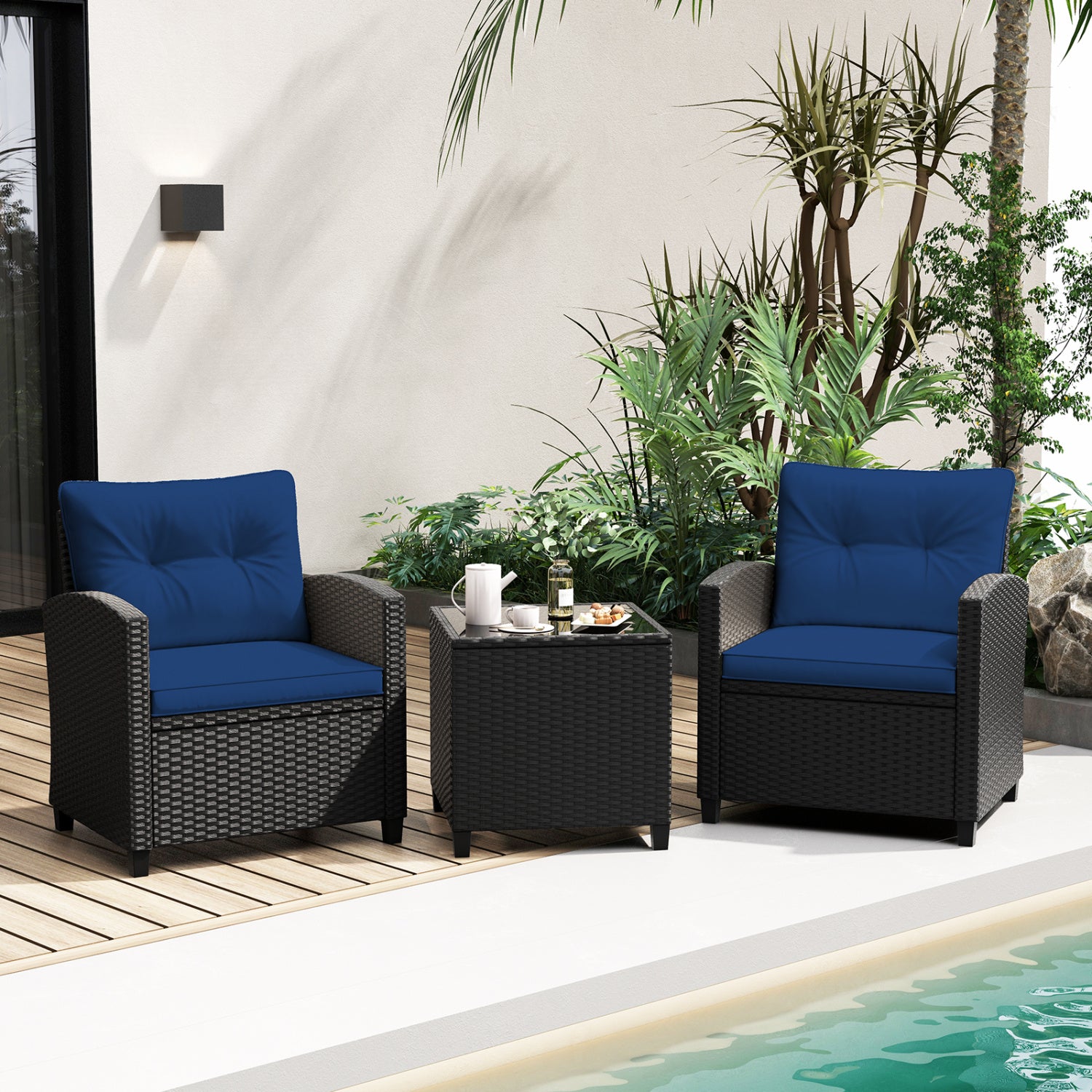 3 Piece Patio Furniture Set, Tempered Glass Coffee Table, Navy Patio Conversation Sets at Gallery Canada