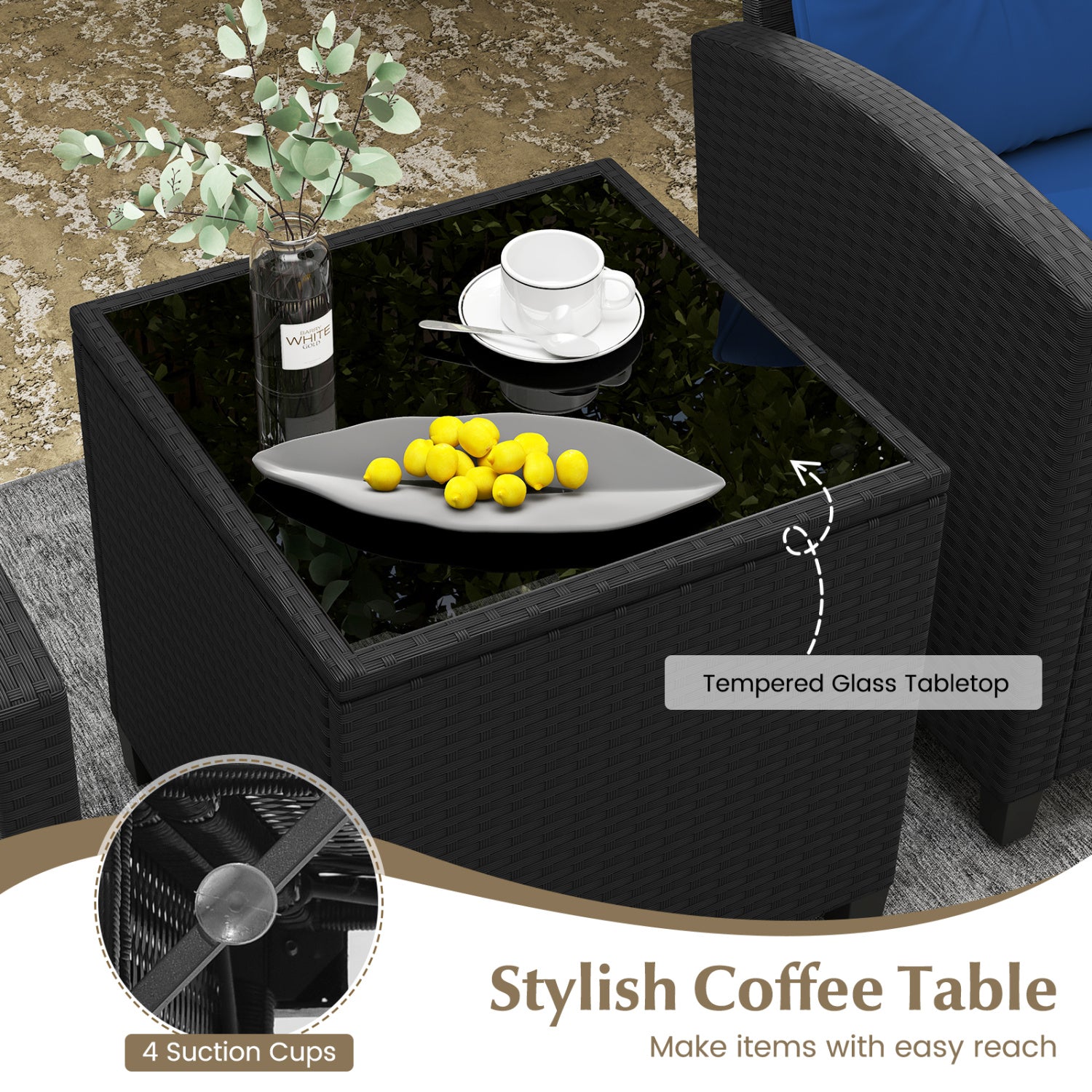 3 Piece Patio Furniture Set, Tempered Glass Coffee Table, Navy Patio Conversation Sets at Gallery Canada