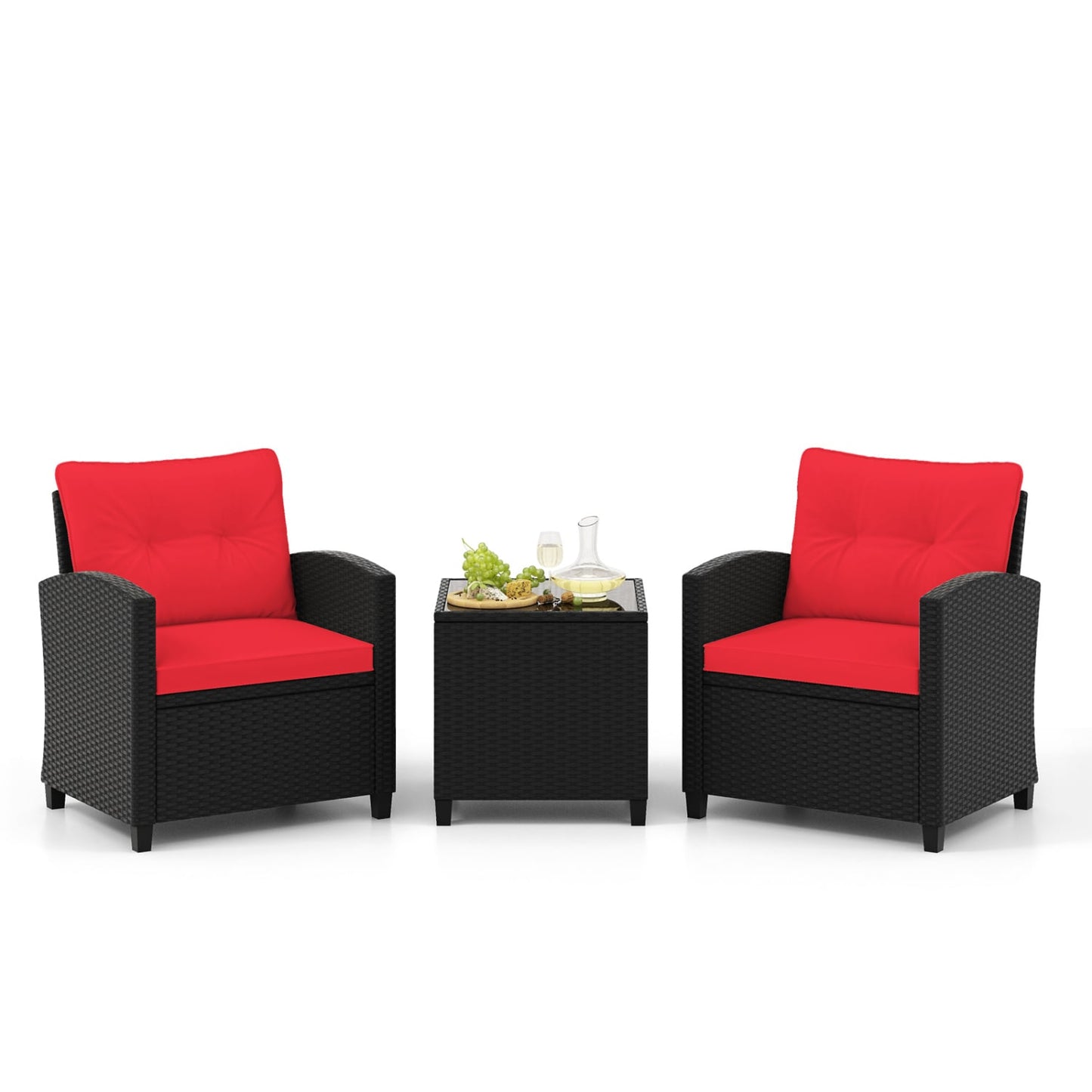 Ensemble de mobilier de patio 3 pièces, table basse en verre trempé, rouge
