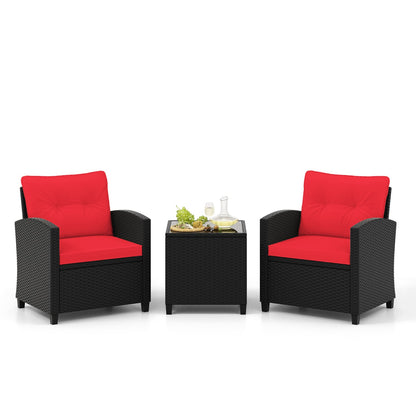 Ensemble de mobilier de patio 3 pièces, table basse en verre trempé, rouge