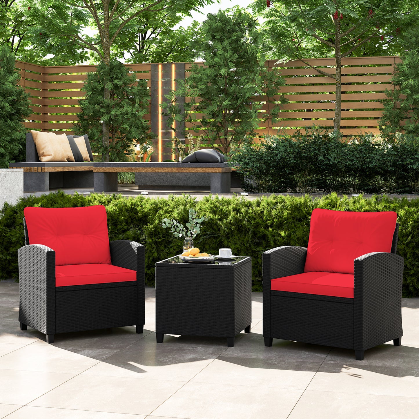 Ensemble de mobilier de patio 3 pièces, table basse en verre trempé, rouge