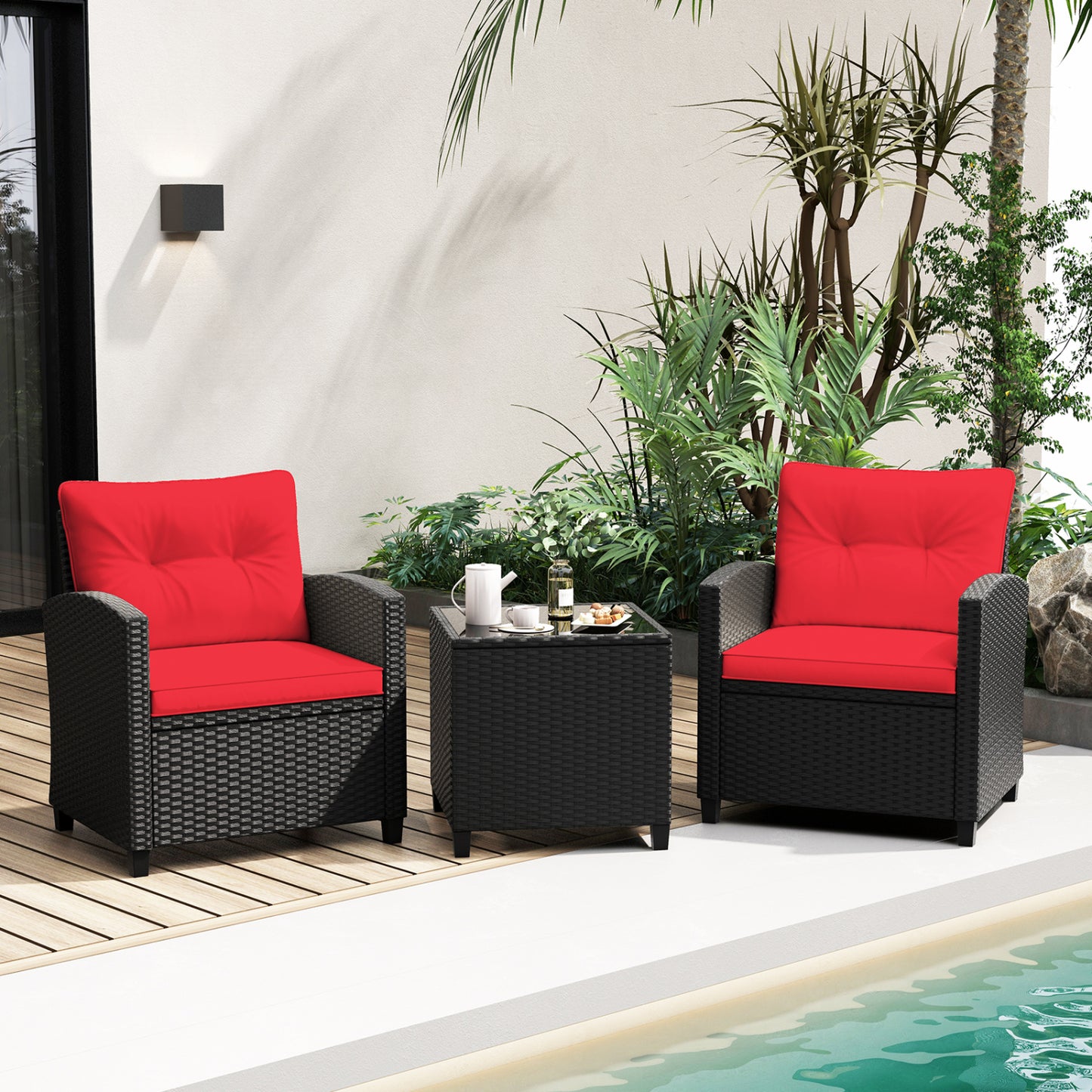 Ensemble de mobilier de patio 3 pièces, table basse en verre trempé, rouge