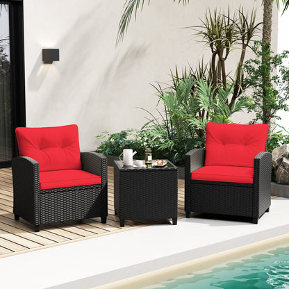 Ensemble de mobilier de patio 3 pièces, table basse en verre trempé, rouge