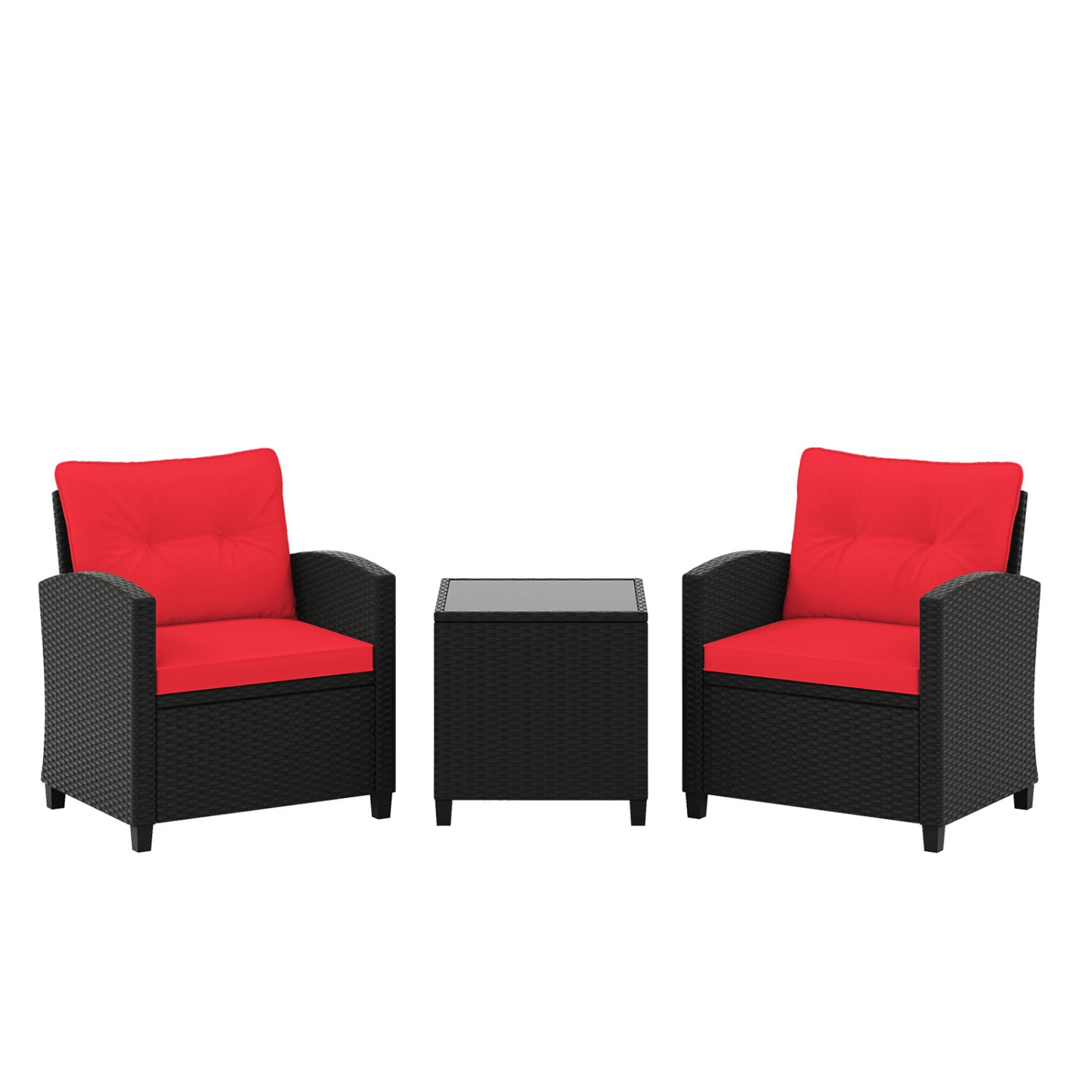 Ensemble de mobilier de patio 3 pièces, table basse en verre trempé, rouge