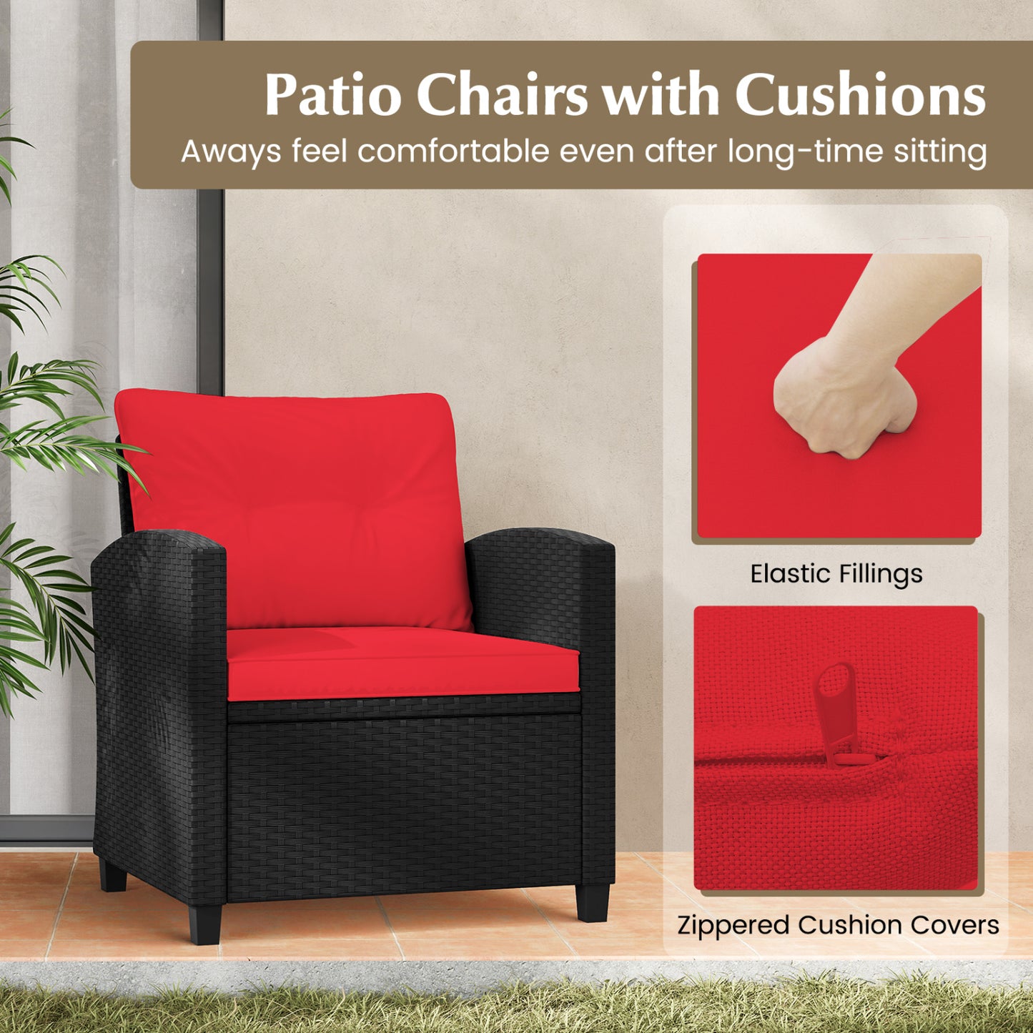 Ensemble de mobilier de patio 3 pièces, table basse en verre trempé, rouge