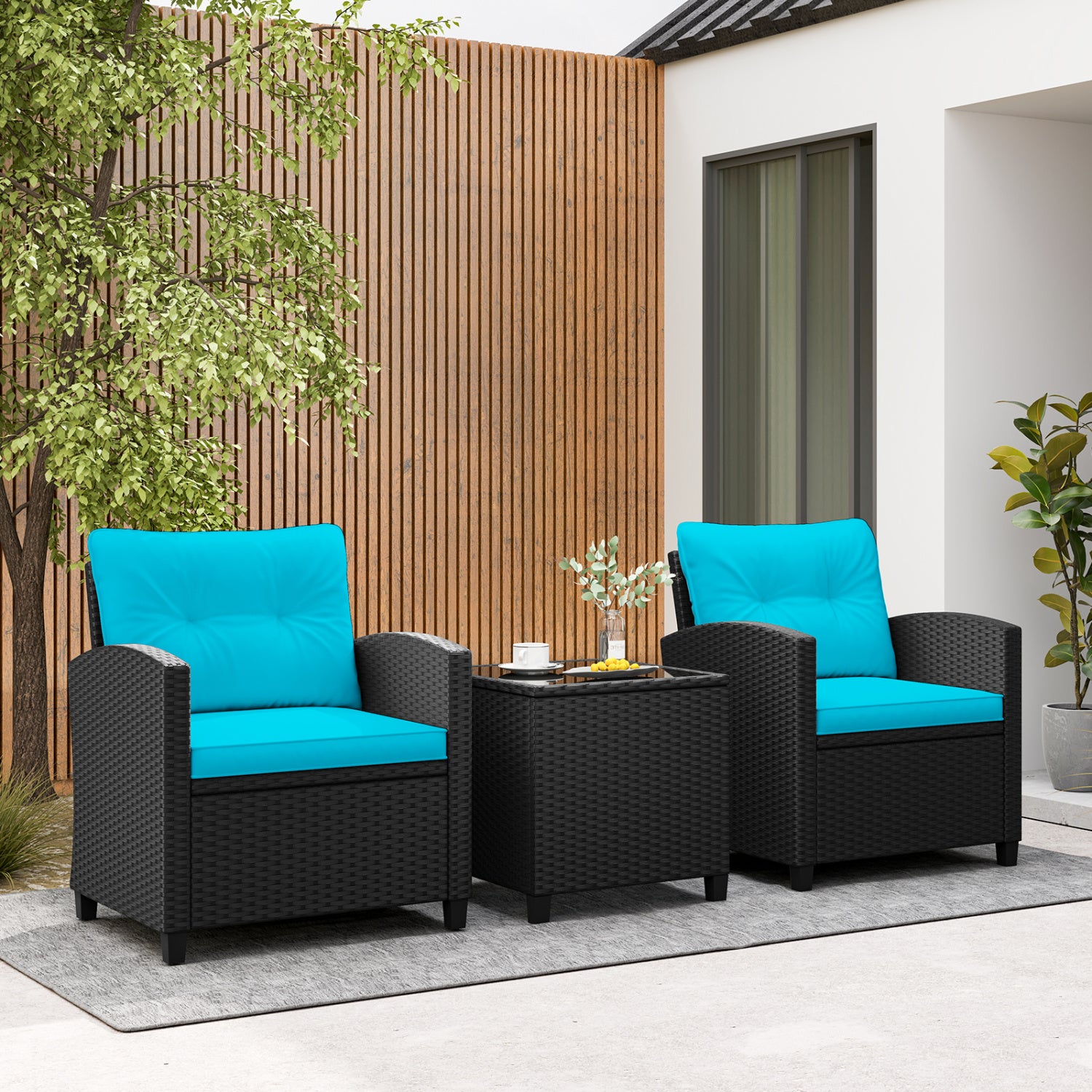 3 Piece Patio Furniture Set, Tempered Glass Coffee Table, Turquoise Patio Conversation Sets at Gallery Canada