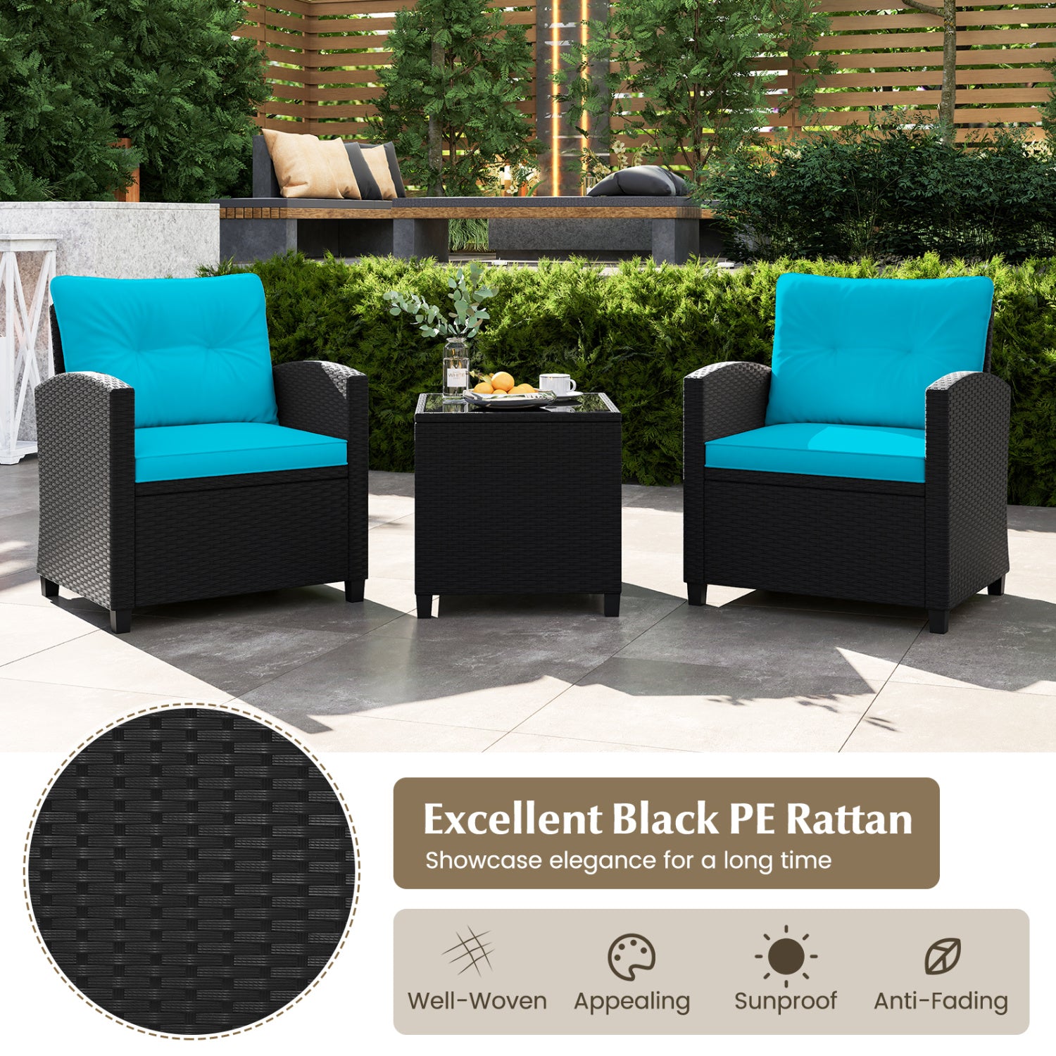 3 Piece Patio Furniture Set, Tempered Glass Coffee Table, Turquoise Patio Conversation Sets at Gallery Canada