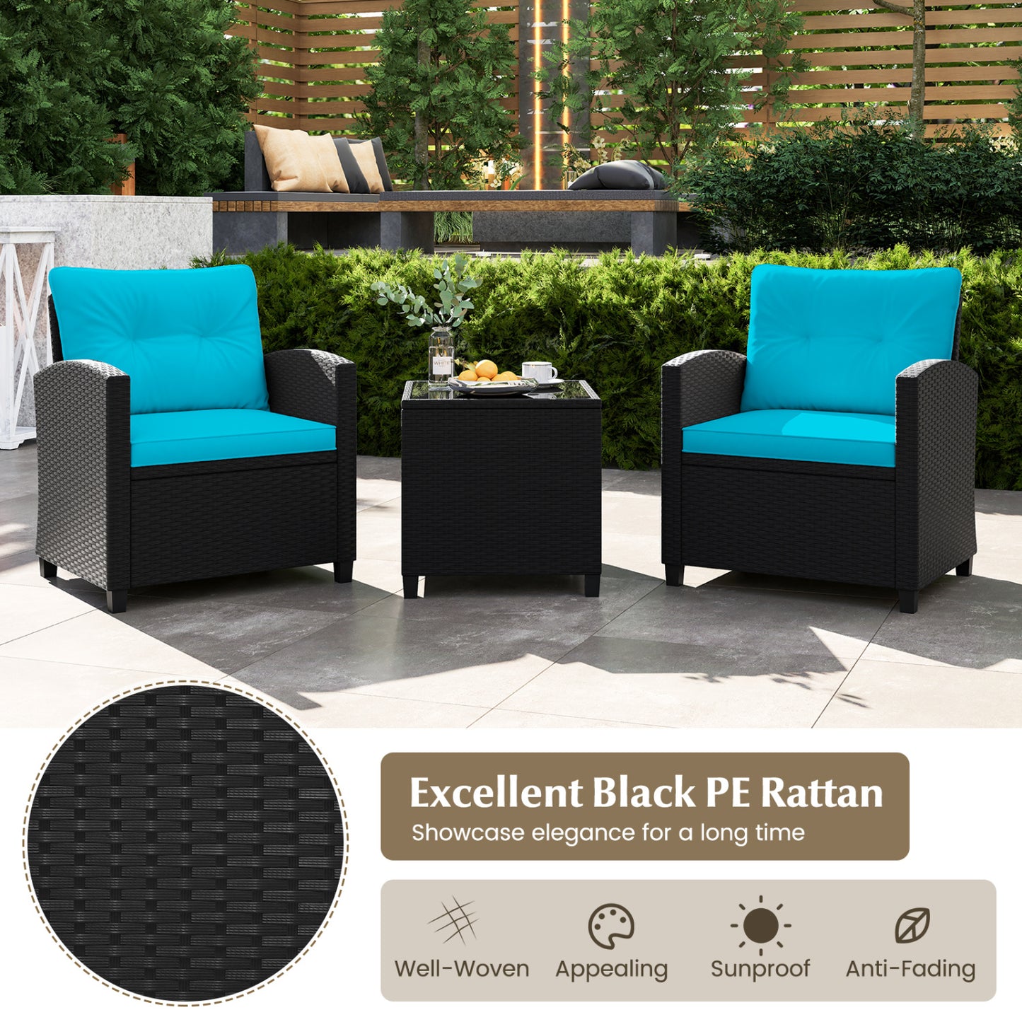 3 Piece Patio Furniture Set, Tempered Glass Coffee Table, Turquoise Patio Conversation Sets at Gallery Canada