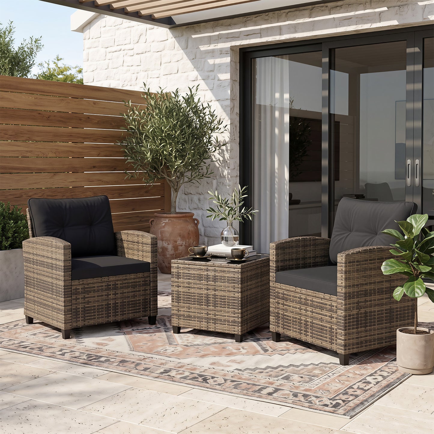 Ensemble de mobilier de patio 3 pièces, table basse en verre trempé
