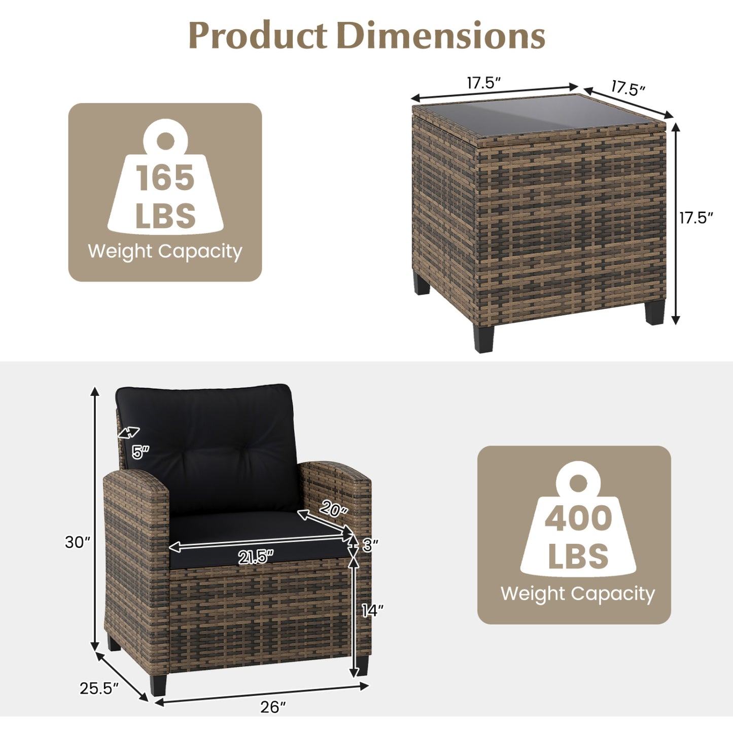 Ensemble de mobilier de patio 3 pièces, table basse en verre trempé