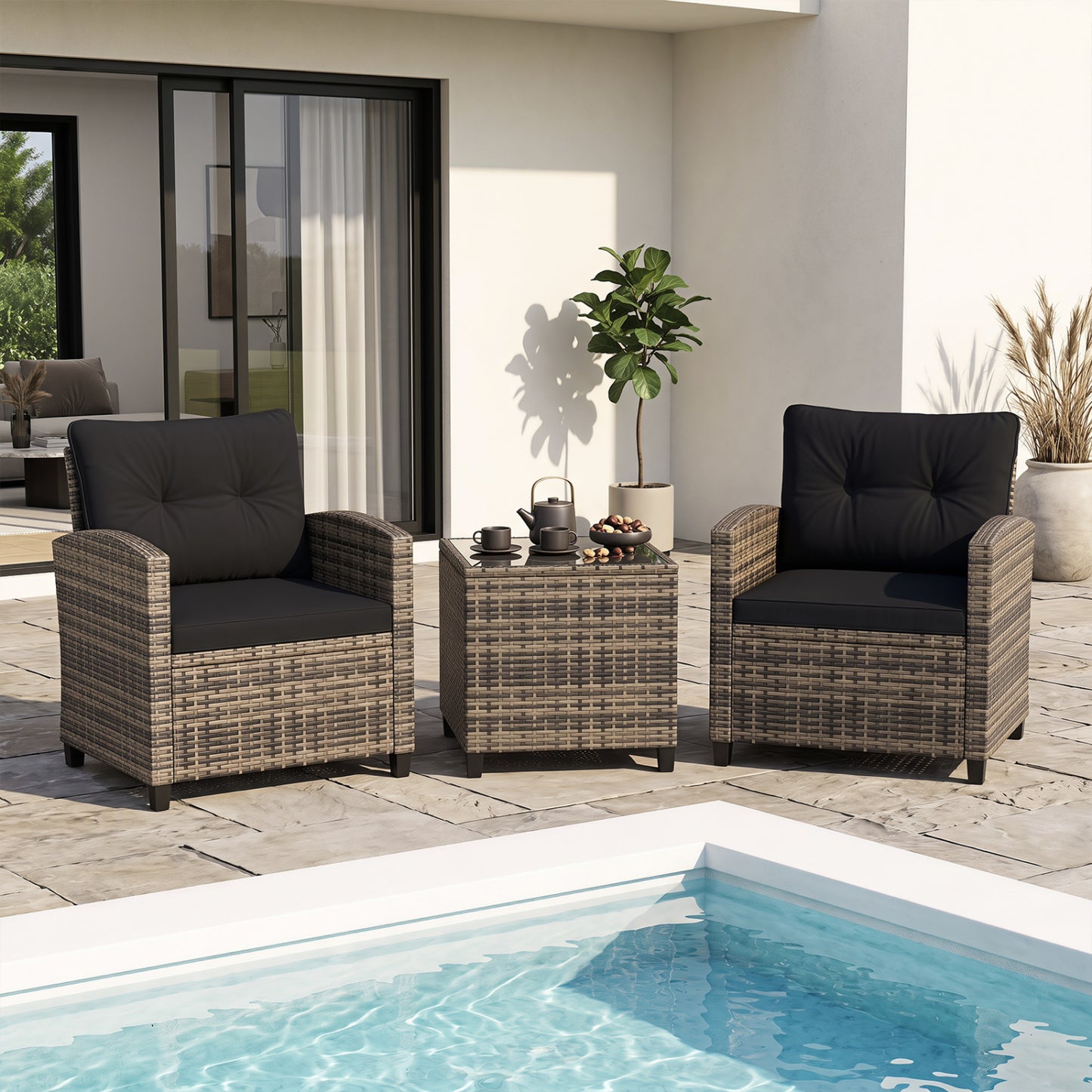 Ensemble de mobilier de patio 3 pièces, table basse en verre trempé