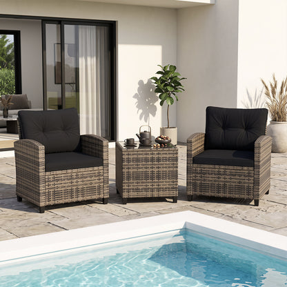 Ensemble de mobilier de patio 3 pièces, table basse en verre trempé