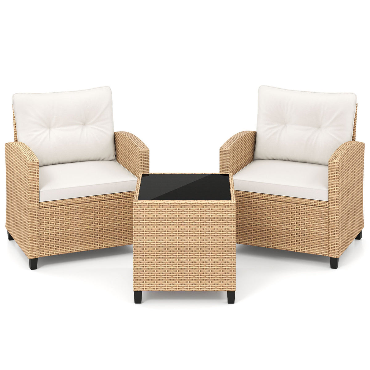3 Piece Patio Furniture Set, Tempered Glass Table, White, Tan