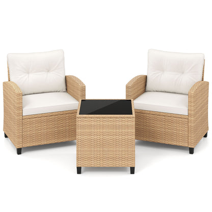 3 Piece Patio Furniture Set, Tempered Glass Table, White, Tan