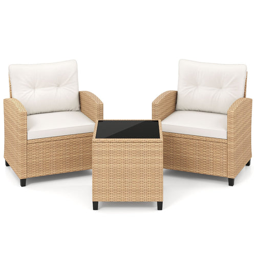 3 Pieces Patio Furniture Set, Tempered Glass Table, Tan White