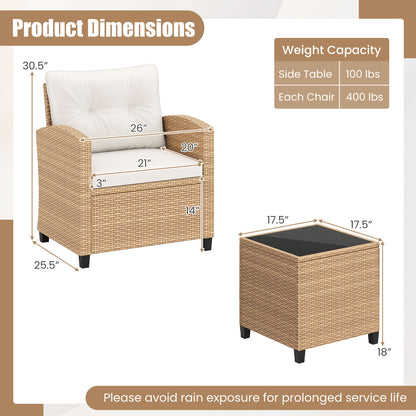 3 Piece Patio Furniture Set, Tempered Glass Table, White, Tan