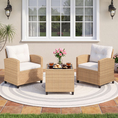 3 Piece Patio Furniture Set, Tempered Glass Table, White, Tan