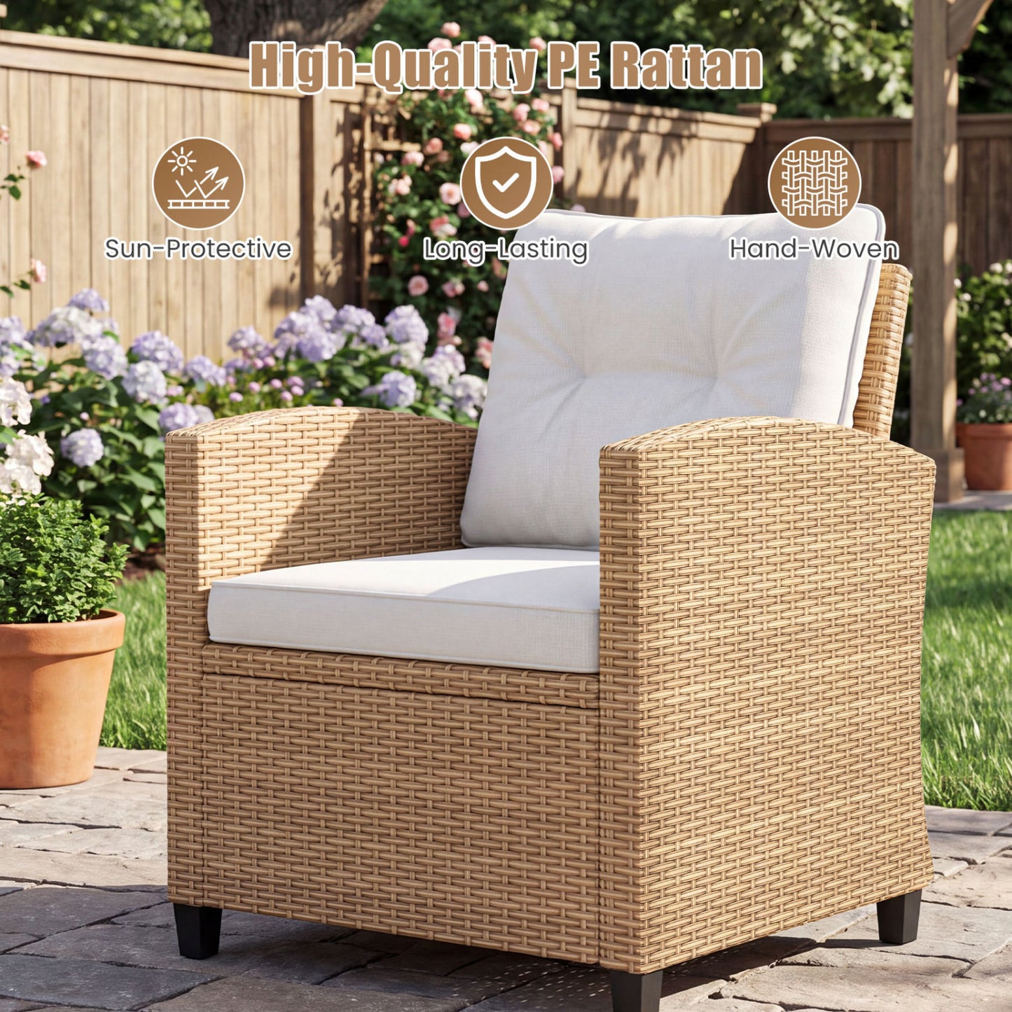 3 Piece Patio Furniture Set, Tempered Glass Table, White, Tan