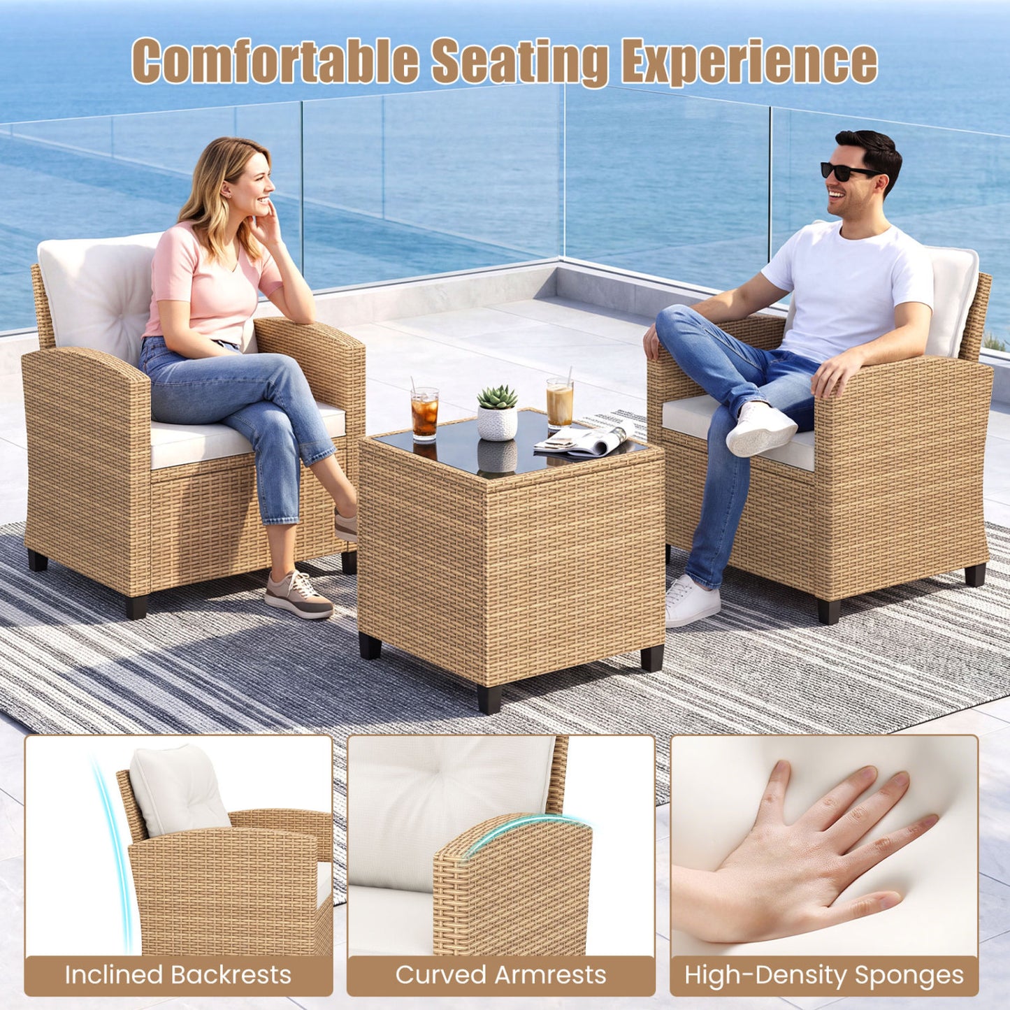 3 Piece Patio Furniture Set, Tempered Glass Table, White, Tan