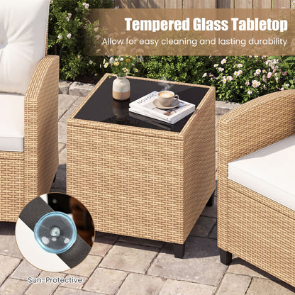 3 Piece Patio Furniture Set, Tempered Glass Table, White, Tan
