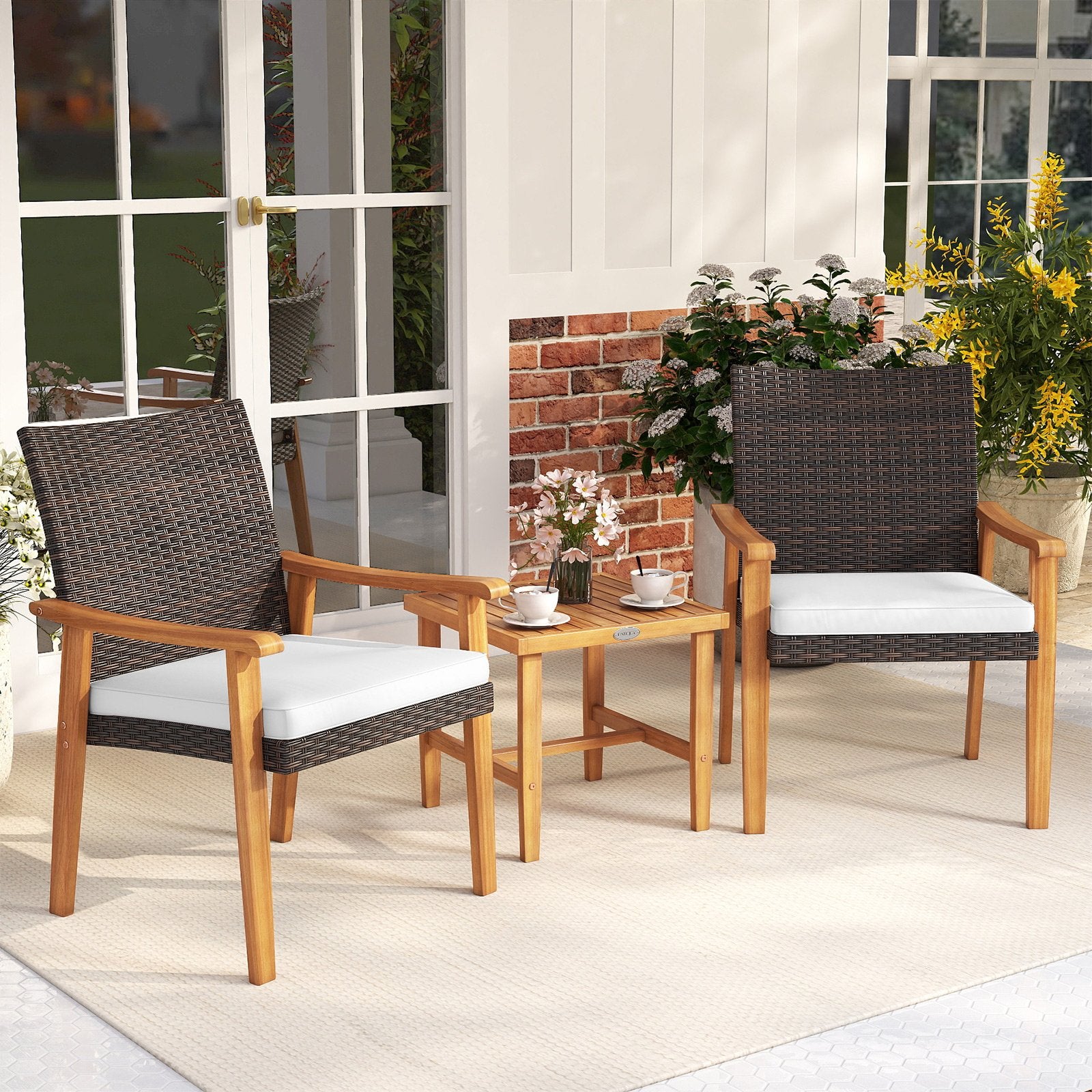 3 Pieces Patio PE Wicker Furniture Set Acacia Wood Outdoor Conversation Bistro Set, White Patio Conversation Sets at Gallery Canada