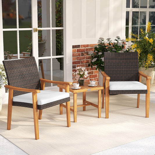 3 Pieces Patio PE Wicker Furniture Set Acacia Wood Outdoor Conversation Bistro Set, White Patio Conversation Sets White at Gallery Canada
