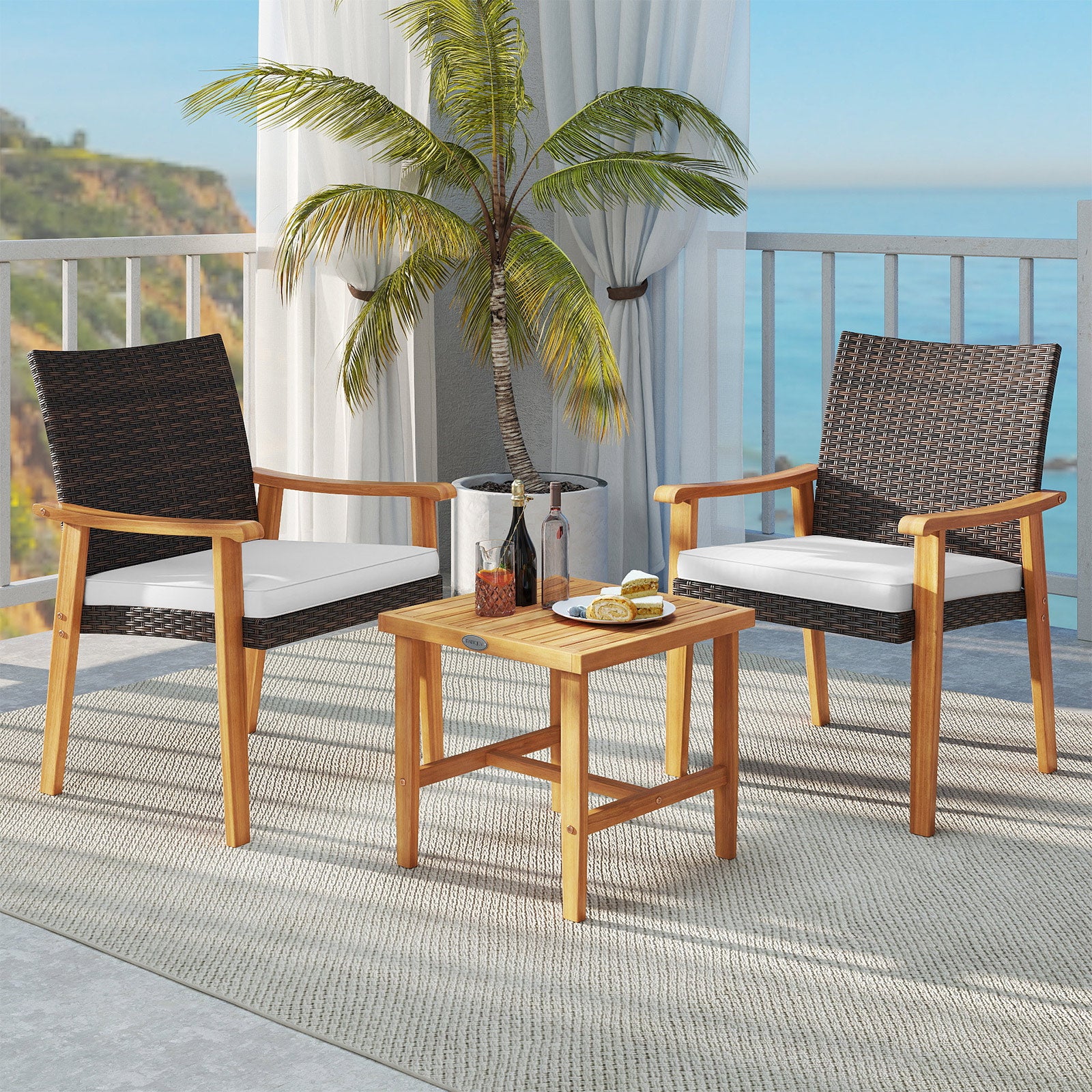 3 Pieces Patio PE Wicker Furniture Set Acacia Wood Outdoor Conversation Bistro Set, White Patio Conversation Sets at Gallery Canada