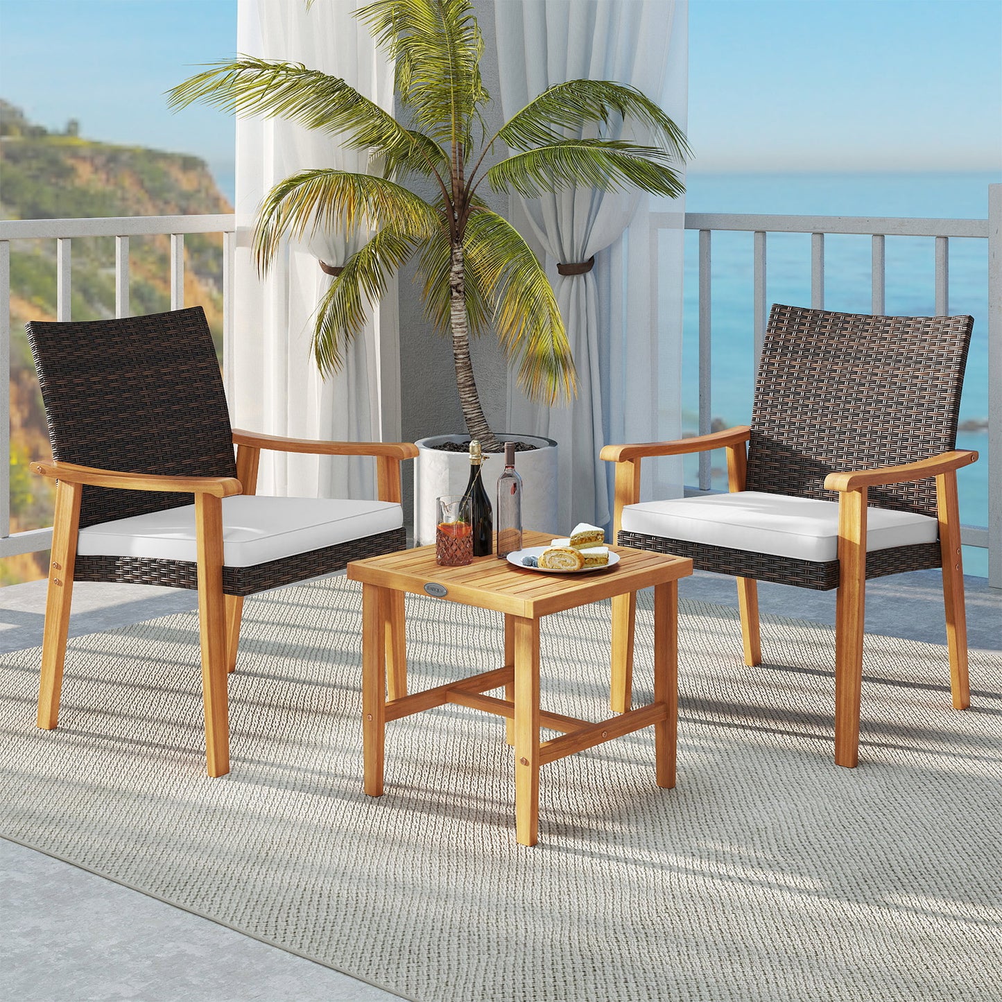 3 Pieces Patio PE Wicker Furniture Set Acacia Wood Outdoor Conversation Bistro Set, White Patio Conversation Sets at Gallery Canada