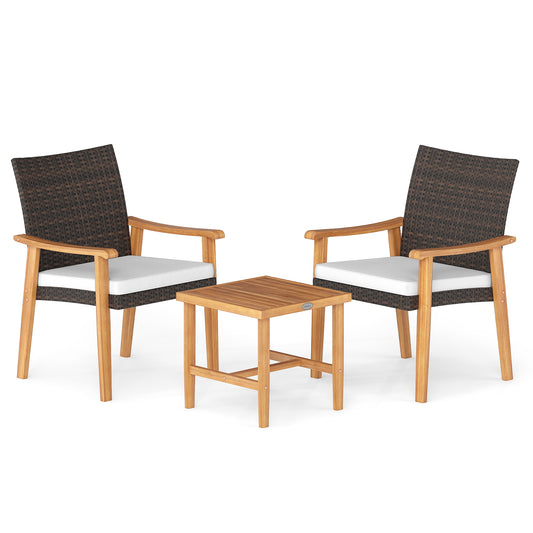 3 Pieces Patio PE Wicker Furniture Set Acacia Wood Outdoor Conversation Bistro Set, White Patio Conversation Sets White at Gallery Canada